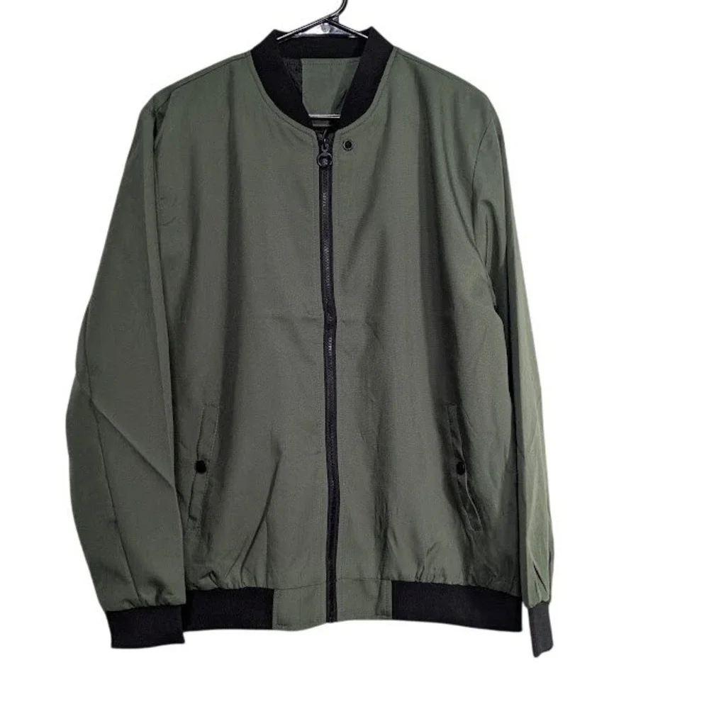 Mens Bomber Jacket Size M Olive Green Lightweight Full Zip Minimalist NWOT
